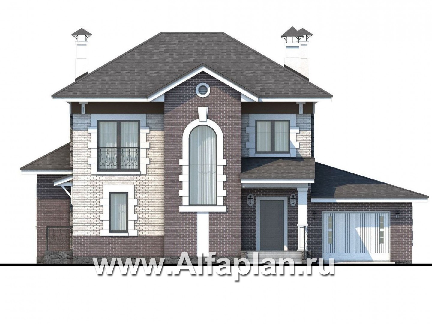 Проекты домов Альфаплан - «Равновесие» - изящный коттедж с террасами и гаражом - изображение фасада №1
