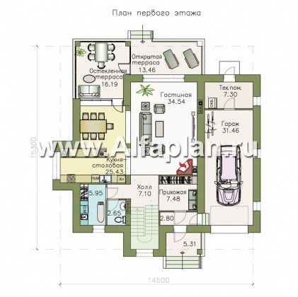 Проекты домов Альфаплан - «Равновесие» - изящный коттедж с террасами и гаражом - превью плана проекта №1