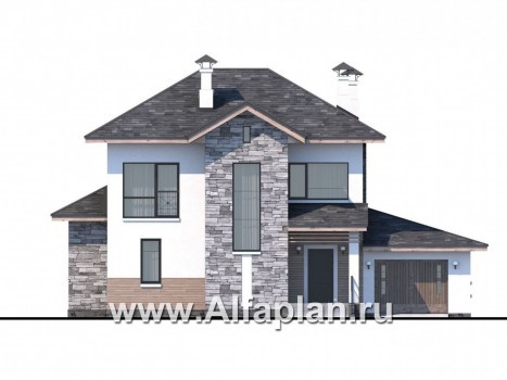 Проекты домов Альфаплан - «Снежная страна» - изящный коттедж с террасами и гаражом - превью фасада №1