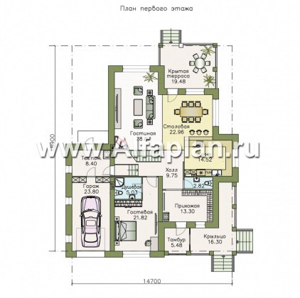 Проекты домов Альфаплан - «Беатрис» — двухэтажный коттедж с гаражом и террасой - превью плана проекта №1