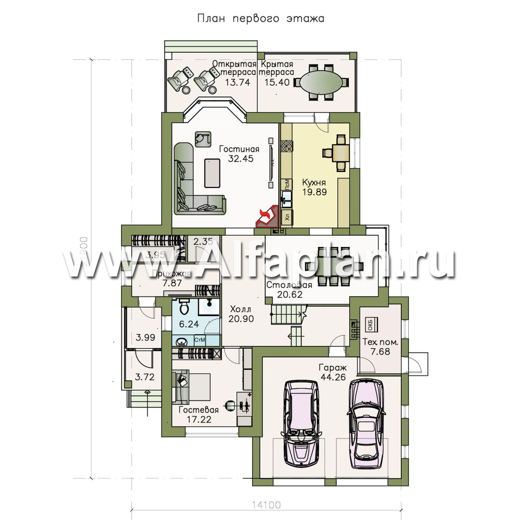 Проекты домов Альфаплан - «Вяземский» - просторный коттедж для узкого участка - план проекта №1
