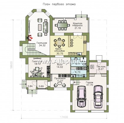 Проекты домов Альфаплан - «Затерянный рай» - коттедж с отличной планировкой и гаражом - превью плана проекта №1