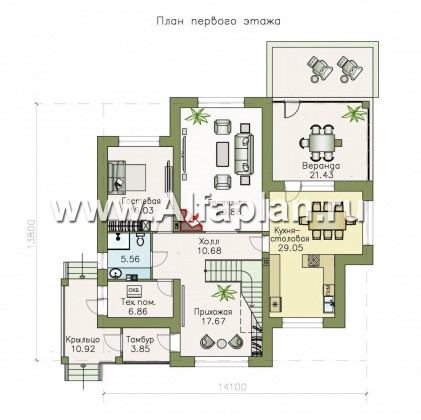 Проекты домов Альфаплан - «Аутентик» - комфортабельный двухэтажный коттедж с верандой - превью плана проекта №1