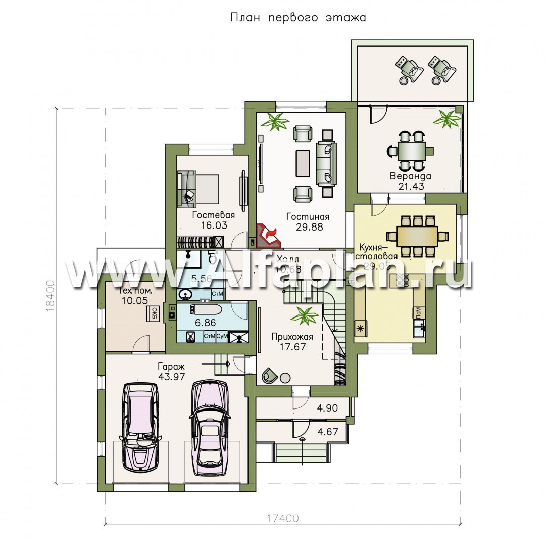 Проекты домов Альфаплан - «Аутентик» - комфортабельный коттедж с большим гаражом и верандой - изображение плана проекта №1
