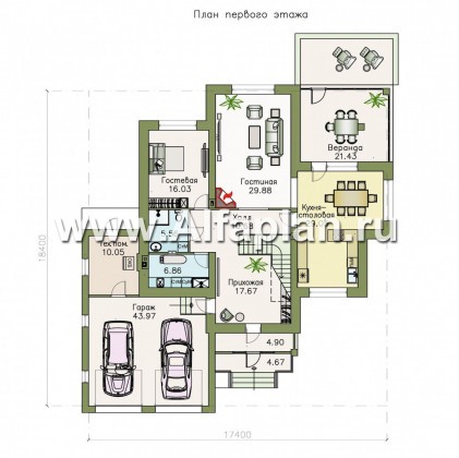 Проекты домов Альфаплан - «Аутентик» - комфортабельный коттедж с большим гаражом и верандой - превью плана проекта №1