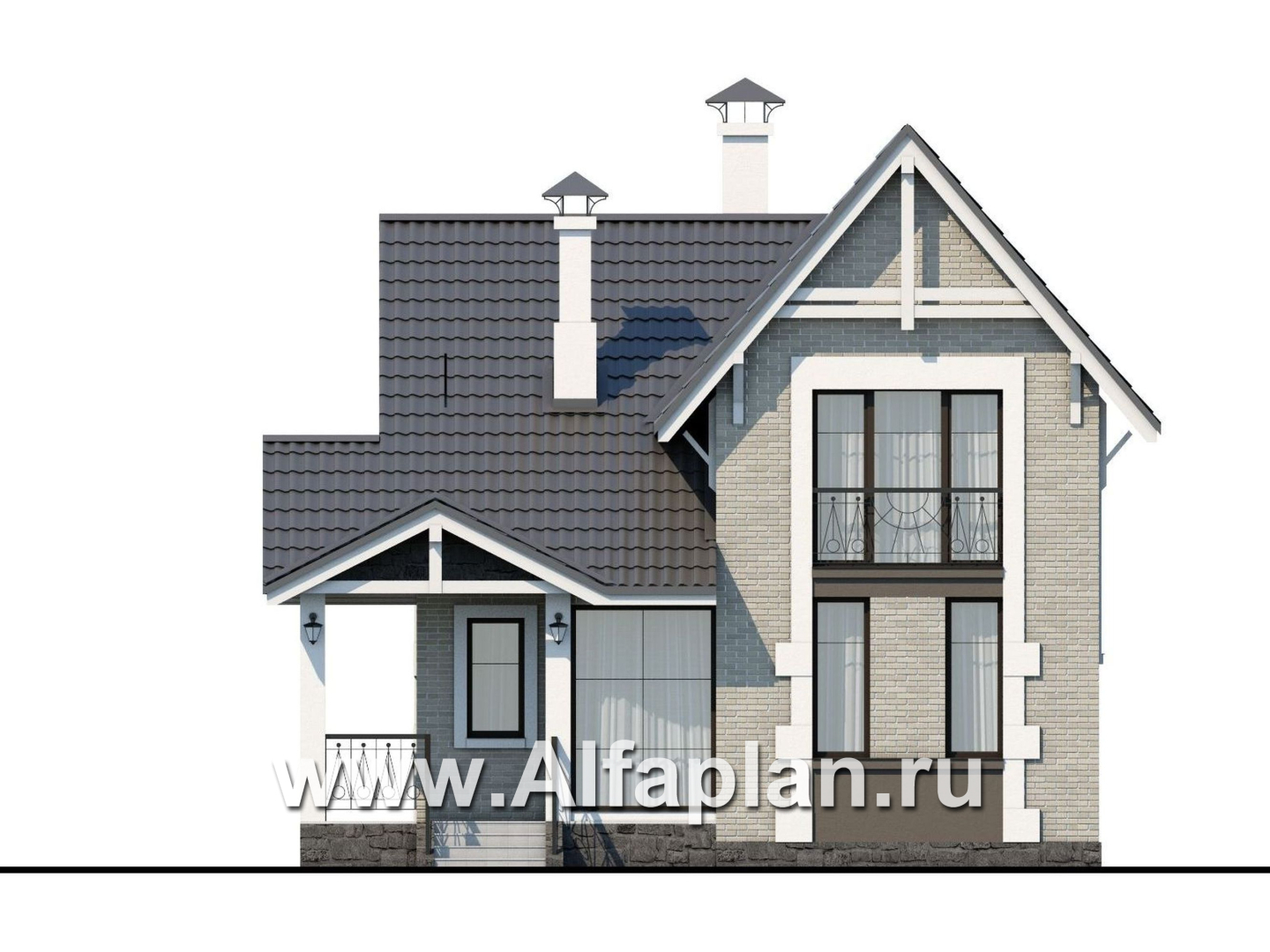 Проекты домов Альфаплан - «Кадет» - проект дома с мансардой, из кирпича, в стиле эклектика - изображение фасада №1