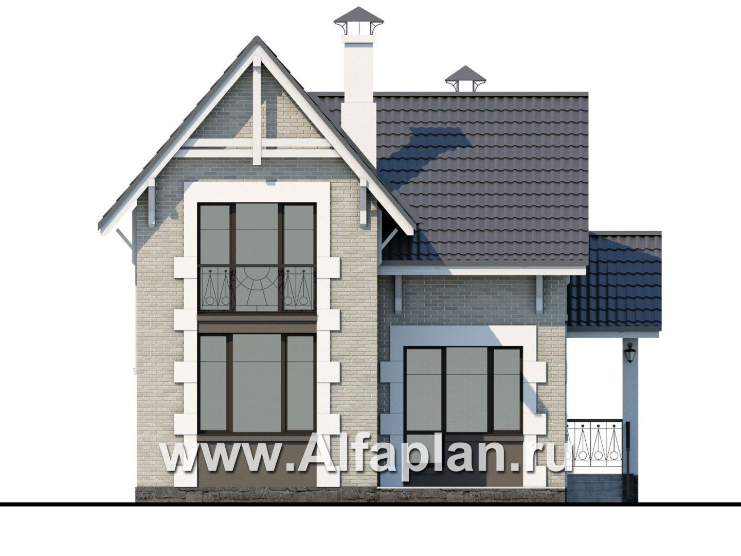 Проекты домов Альфаплан - «Кадет» - проект дома с мансардой, из кирпича, в стиле эклектика - изображение фасада №4