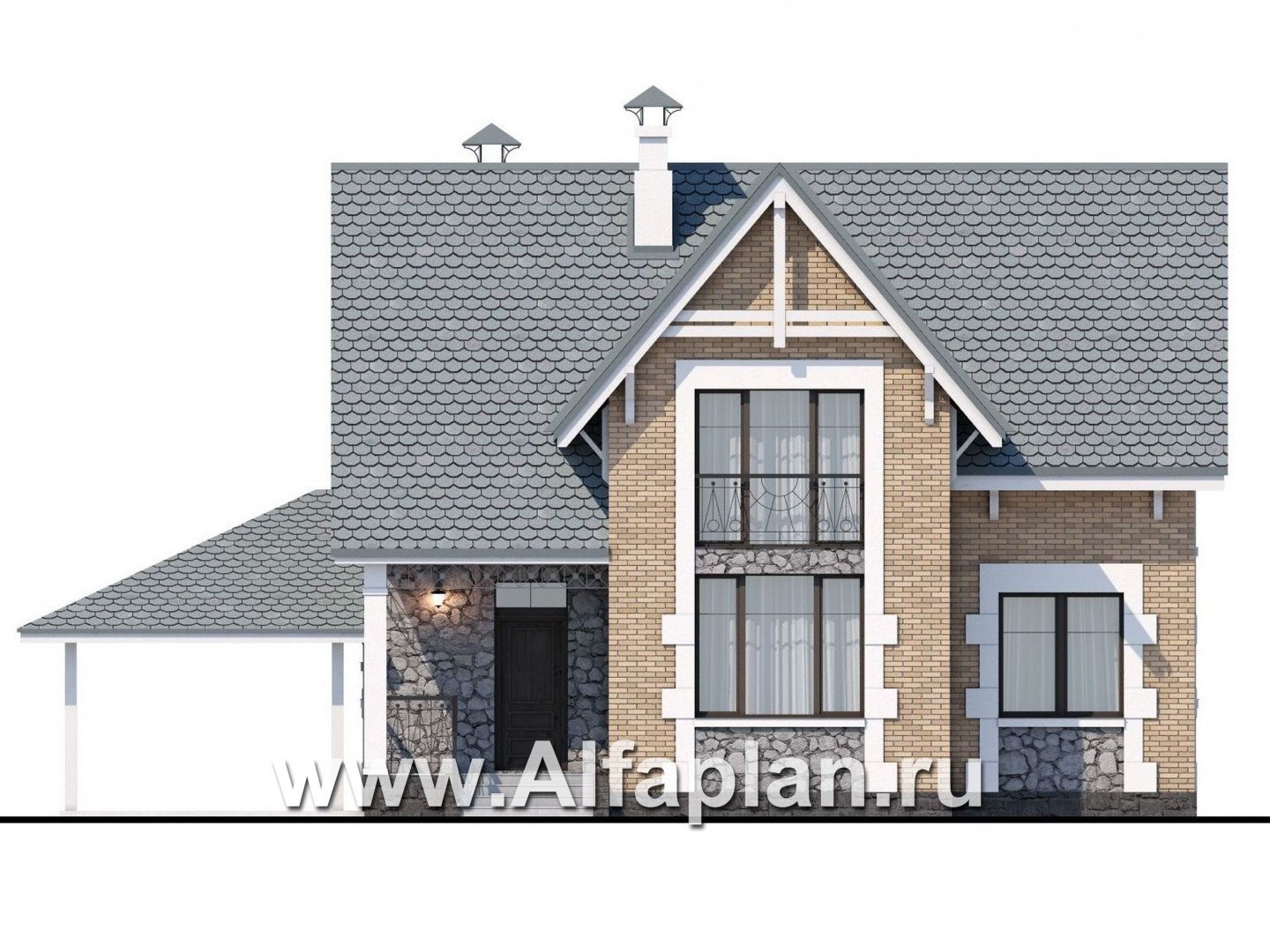 Проекты домов Альфаплан - Коттедж из кирпича «Семейное гнездо» с навесом для машины - изображение фасада №1