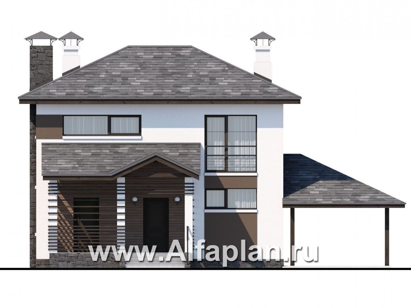 Проекты домов Альфаплан - «Панорама» - проект простого двухэтажного дома из газобетона, с навесом на 1 авто, в современном стиле - изображение фасада №1