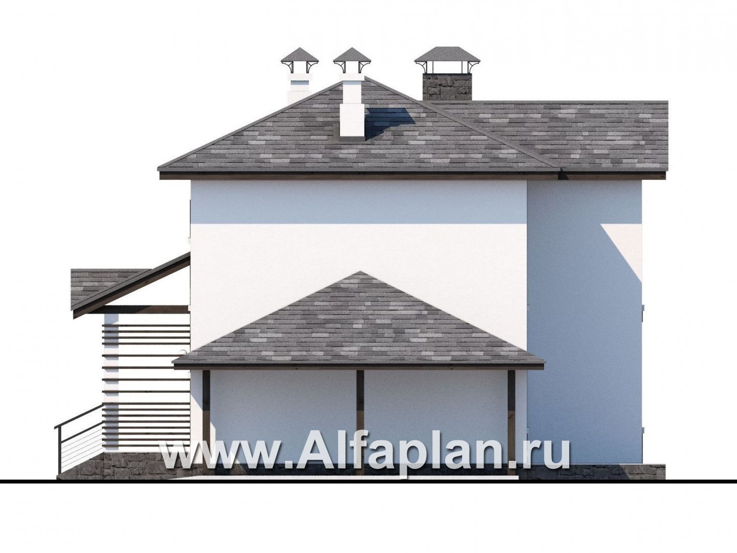 Проекты домов Альфаплан - «Панорама» - проект простого двухэтажного дома из газобетона, с навесом на 1 авто, в современном стиле - изображение фасада №2