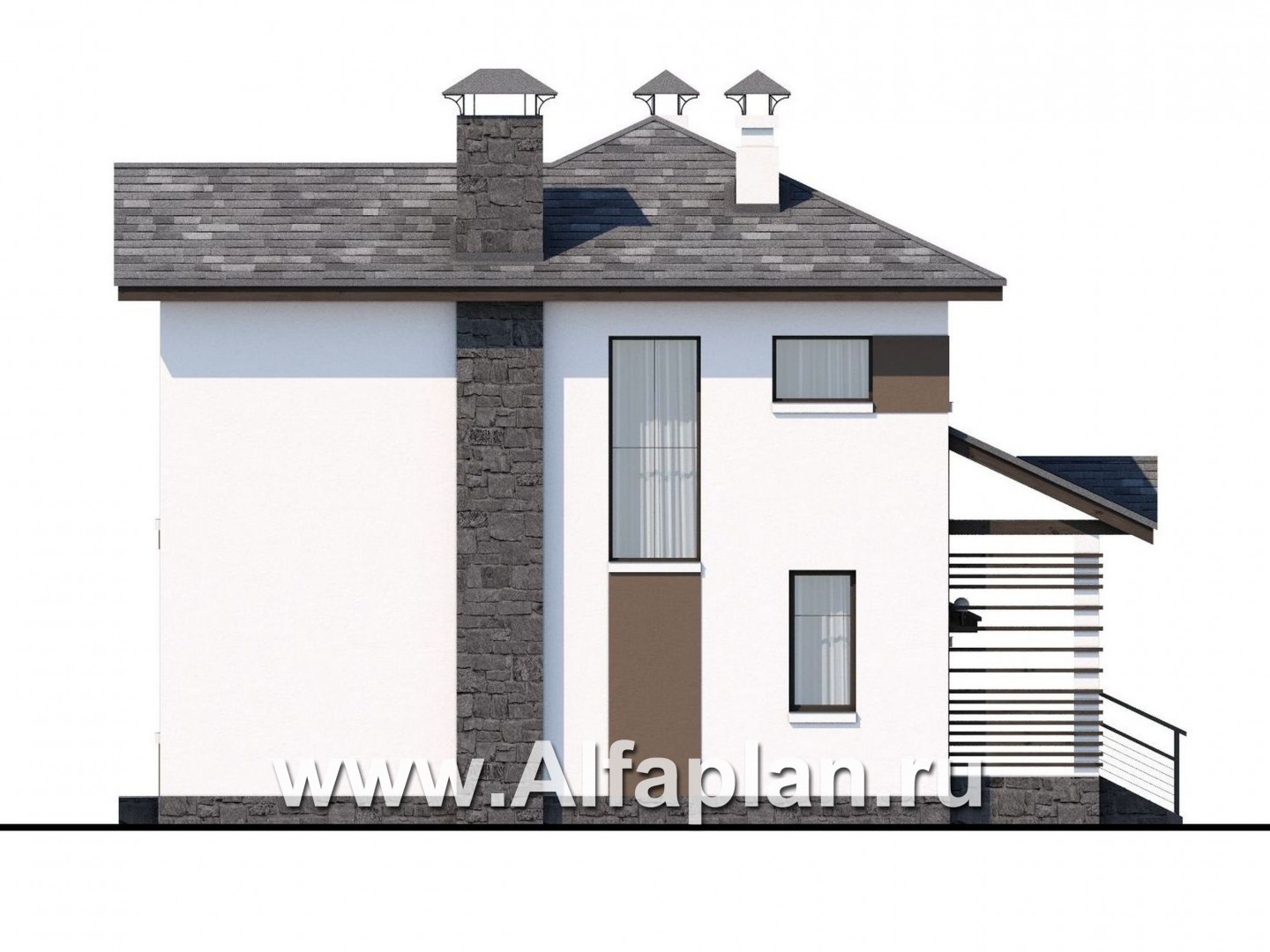 Проекты домов Альфаплан - «Панорама» - проект простого двухэтажного дома из газобетона, с навесом на 1 авто, в современном стиле - изображение фасада №3