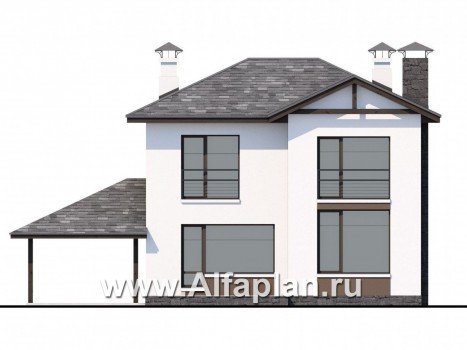 Проекты домов Альфаплан - «Панорама» - проект простого двухэтажного дома из газобетона, с навесом на 1 авто, в современном стиле - превью фасада №4
