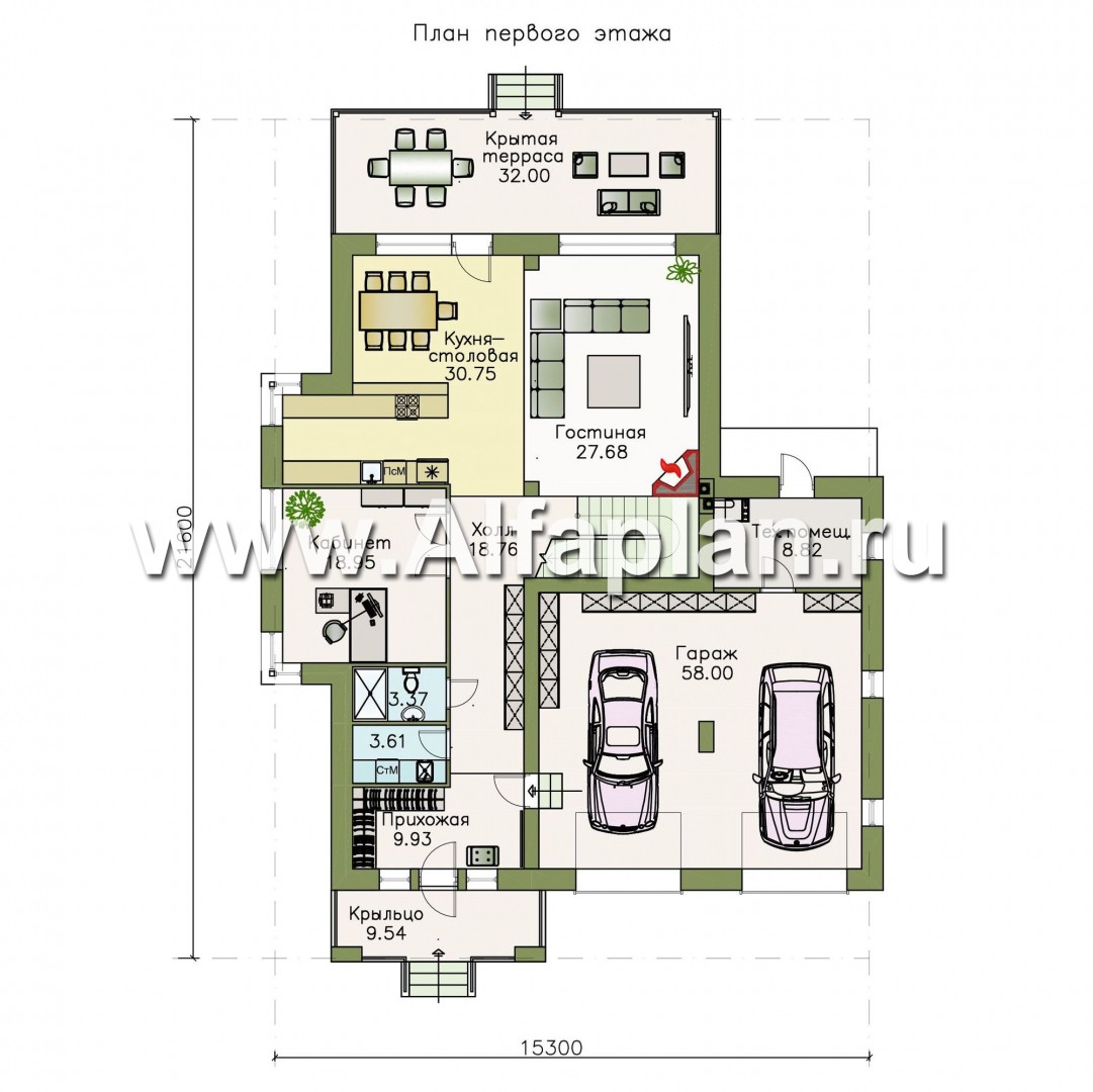 Проекты домов Альфаплан - "Акварель" - двухэтажный коттедж с гаражом и террасой - изображение плана проекта №1