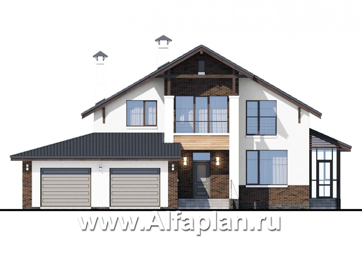 Проекты домов Альфаплан - «Галс» - двухэтажный коттедж со вторым светом и гаражом на два автомобиля - изображение фасада №1