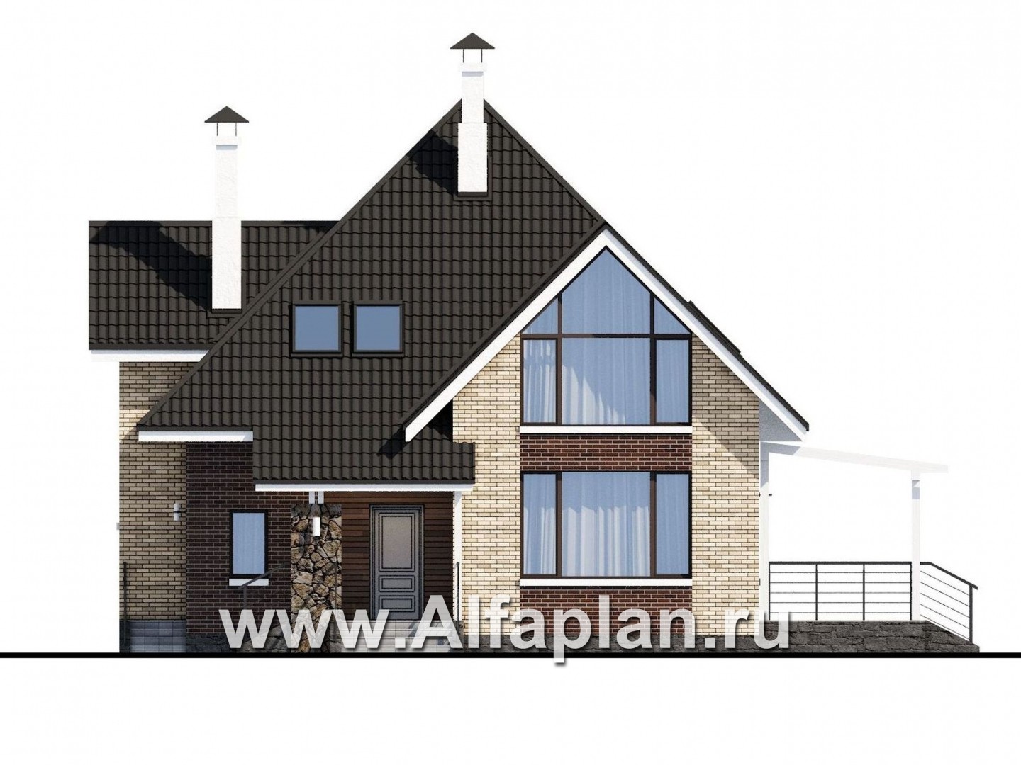 Проекты домов Альфаплан - «Персей» - проект дома с мансардой из кирпича, с террасой, современный стиль - изображение фасада №1