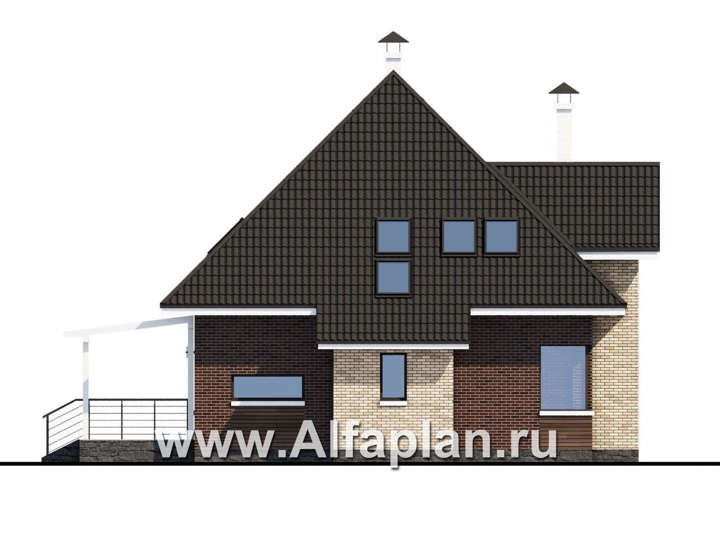 Проекты домов Альфаплан - «Персей» - проект дома с мансардой из кирпича, с террасой, современный стиль - изображение фасада №4