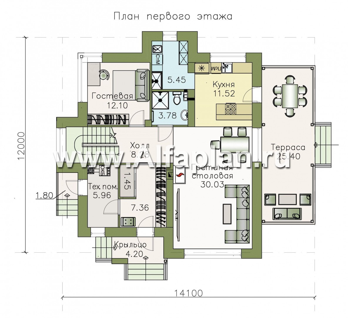 Проекты домов Альфаплан - «Персей» - проект дома с мансардой из кирпича, с террасой, современный стиль - план проекта №1