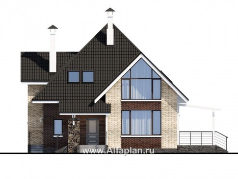 Проекты домов Альфаплан - «Персей» - проект дома с мансардой из кирпича, с террасой, современный стиль - превью фасада №1