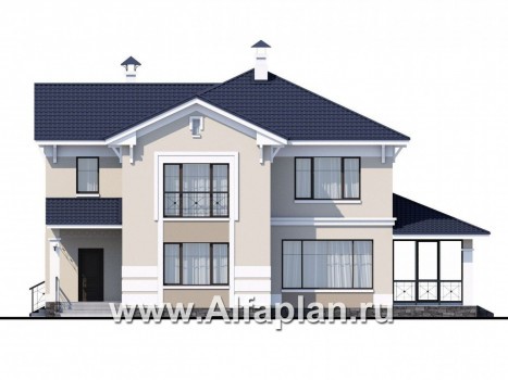 Проекты домов Альфаплан - «Патриций» - комфортабельный коттедж с большой верандой и террасой - превью фасада №1