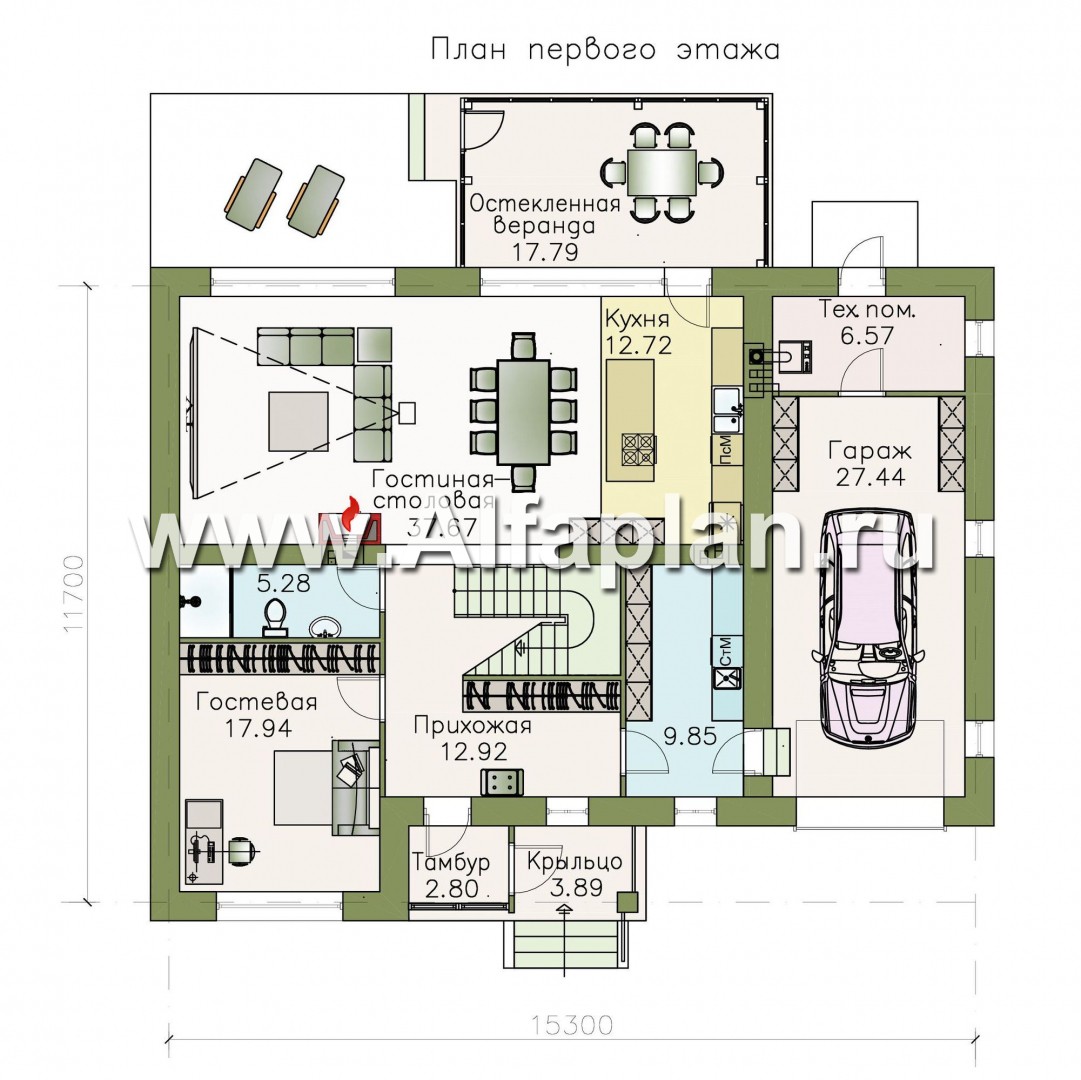 Проекты домов Альфаплан - «Седьмая высота» - современный коттедж с гаражом и просторной верандой - изображение плана проекта №1