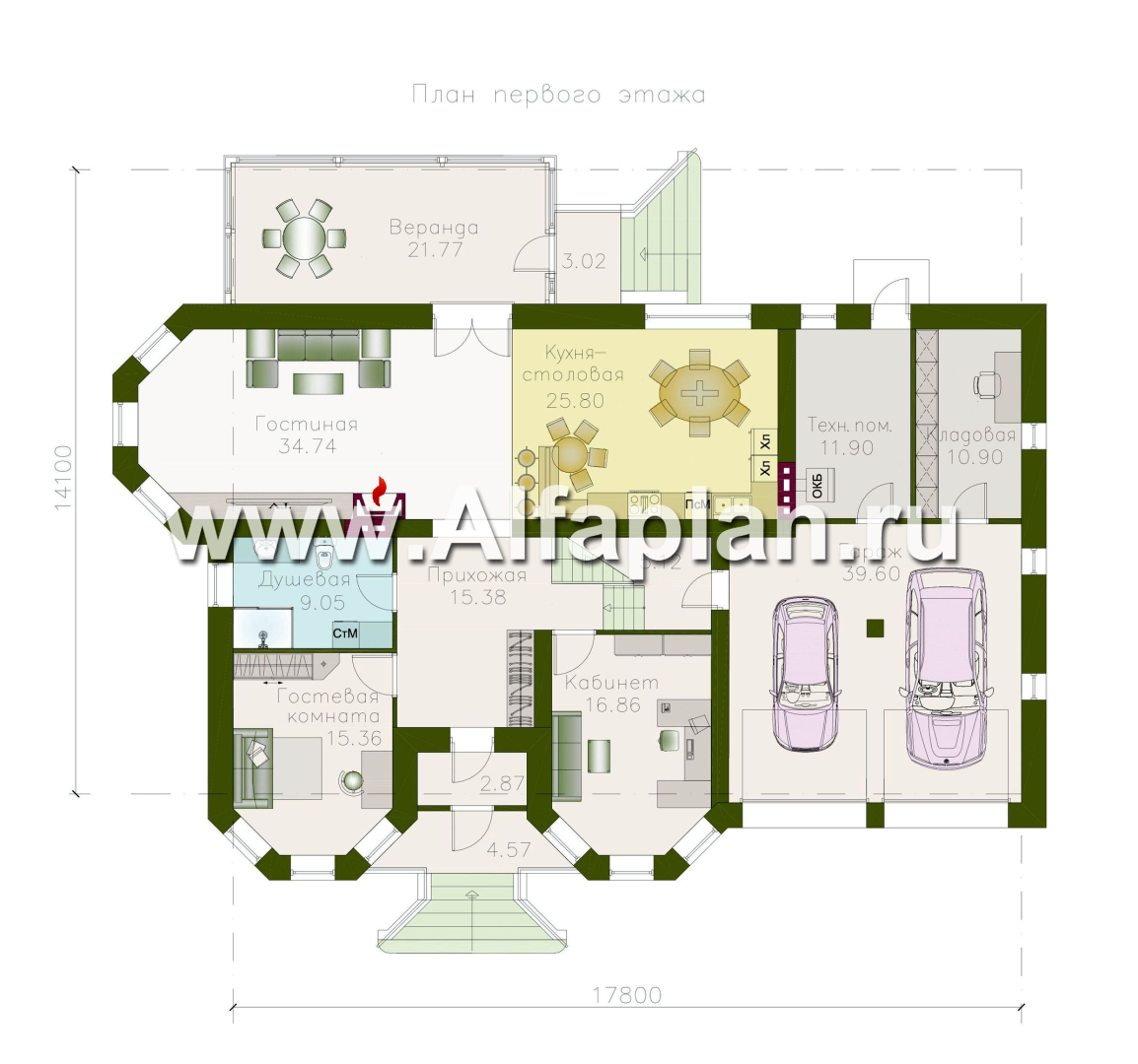 Проекты домов Альфаплан - «Амбиент» - респектабельный дом с гаражом на два автомобиля - план проекта №1