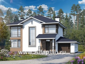 Проекты домов Альфаплан - «Рассвет» - коттедж с эффектными угловыми окнами, гаражом и верандой - превью основного изображения