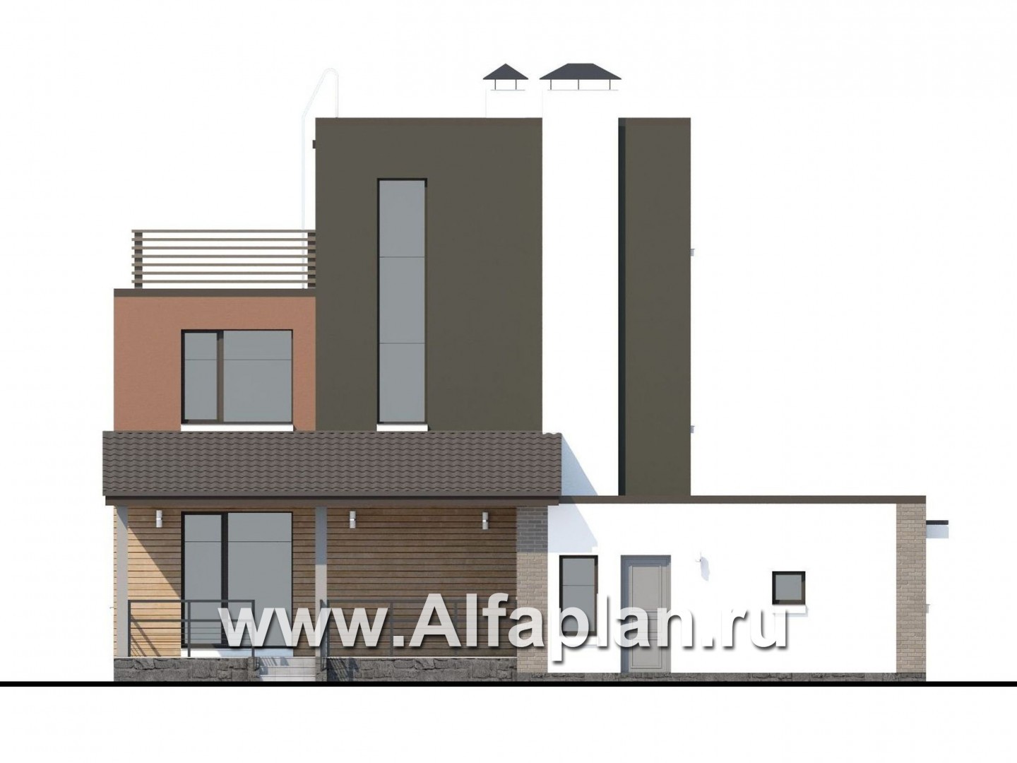 Проекты домов Альфаплан - «Рефлекс» - комфортабельный коттедж с эксплуатируемой кровлей - изображение фасада №4
