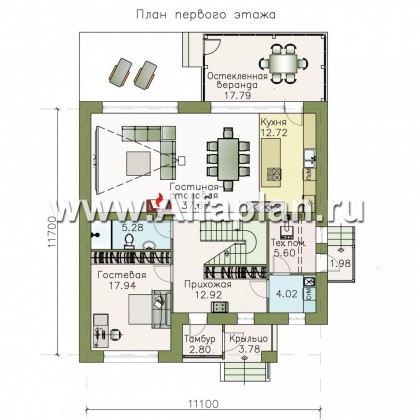 Проекты домов Альфаплан - «Седьмая высота» - комфортабельный дом с большой гостиной - превью плана проекта №1