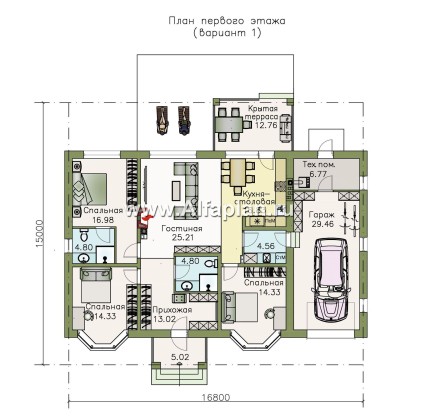 Проекты домов Альфаплан - "Новый свет" - проект одноэтажного дома с гаражом для небольшой семьи - превью плана проекта №1