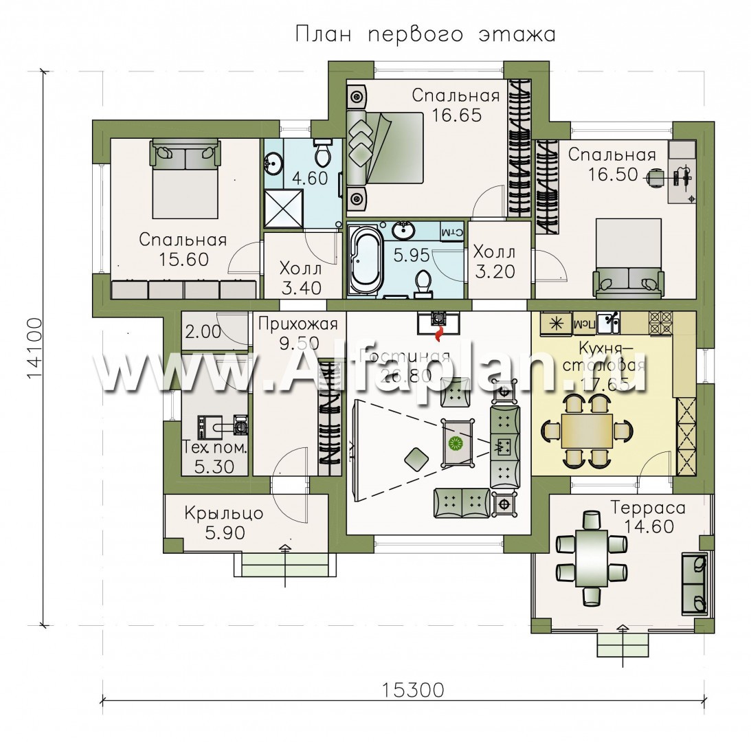 Проекты домов Альфаплан - «Эрато» - современный одноэтажный коттедж с террасой - изображение плана проекта №1
