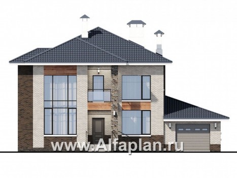 Проекты домов Альфаплан - «Вязьма»- проект двухэтажного дома из газобетона, планировка с двусветной гостиной, с террасой и с гаражом - превью фасада №1