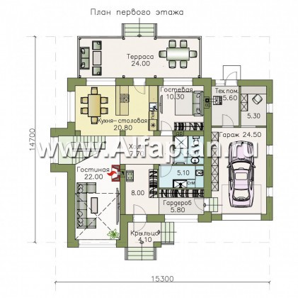 Проекты домов Альфаплан - «Вязьма» - удобный коттедж с двусветной гостиной и гаражом - превью плана проекта №1