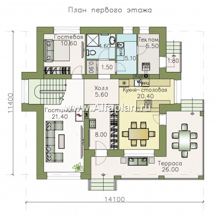 Проекты домов Альфаплан - «Роман с камнем» — двухэтажный коттедж с террасой при входе - превью плана проекта №1