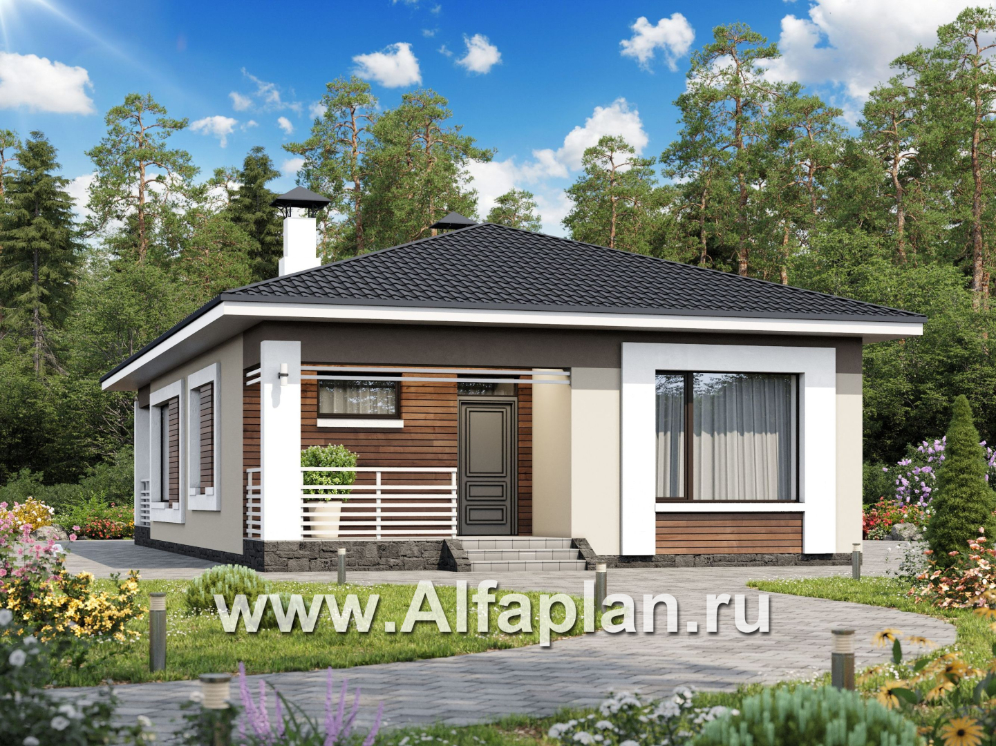 Проекты домов Альфаплан - «Каллиопа» - одноэтажный дом для узкого участка с двумя спальнями - основное изображение