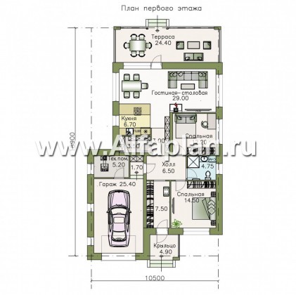 Проекты домов Альфаплан - «Каллиопа» - одноэтажный дом с террасой и гаражом (две спальни) - превью плана проекта №1
