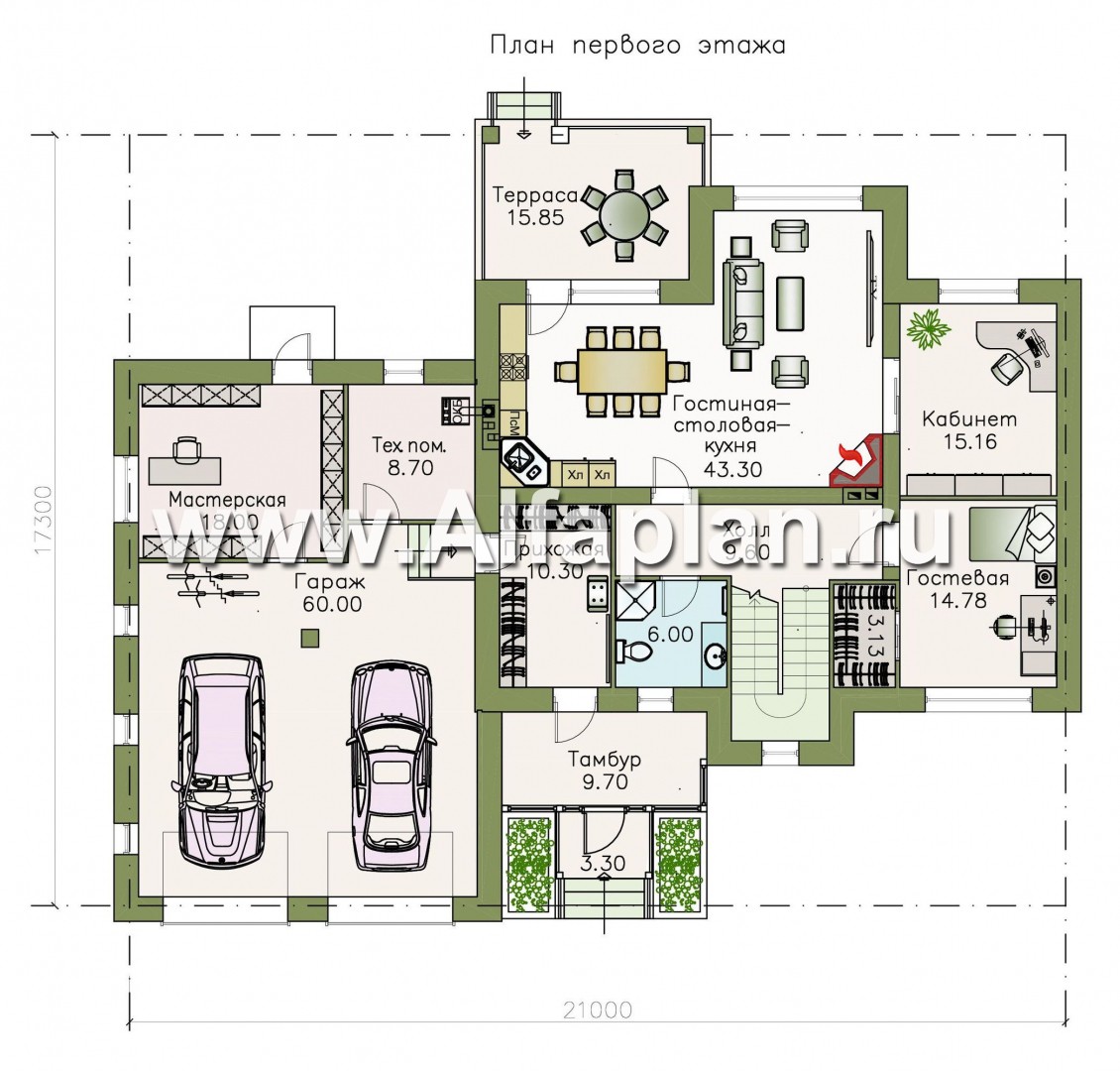 Проекты домов Альфаплан - «Ясная поляна»- коттедж для большой семьи с гаражом на два автомобиля - изображение плана проекта №1