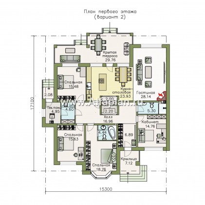 Проекты домов Альфаплан - «Калипсо» - комфортабельный одноэтажный дом  с вариантами планировки - превью плана проекта №2