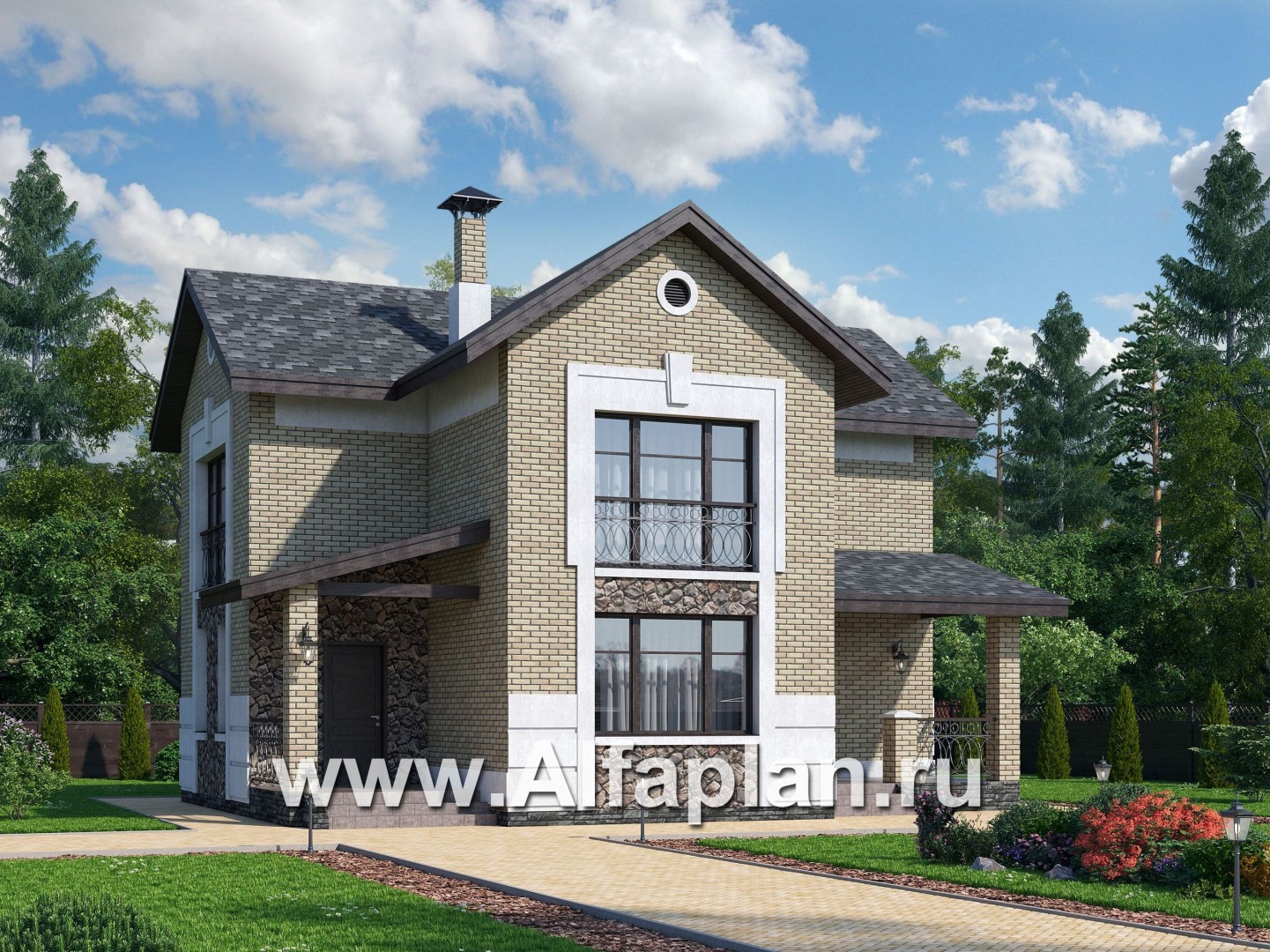 Проекты домов Альфаплан - «Каменка» - компактный экономичный дом в ретро-стиле - основное изображение