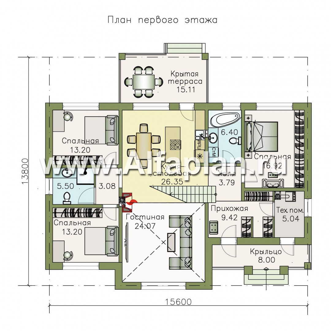 Проекты домов Альфаплан - «Волга» - коттедж с тремя жилыми комнатами на 1 этаже и с жилой мансардой - план проекта №1