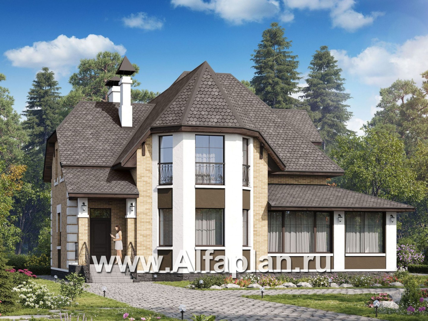 Проекты домов Альфаплан - «Клио» - классический коттедж с красивым эркером - основное изображение