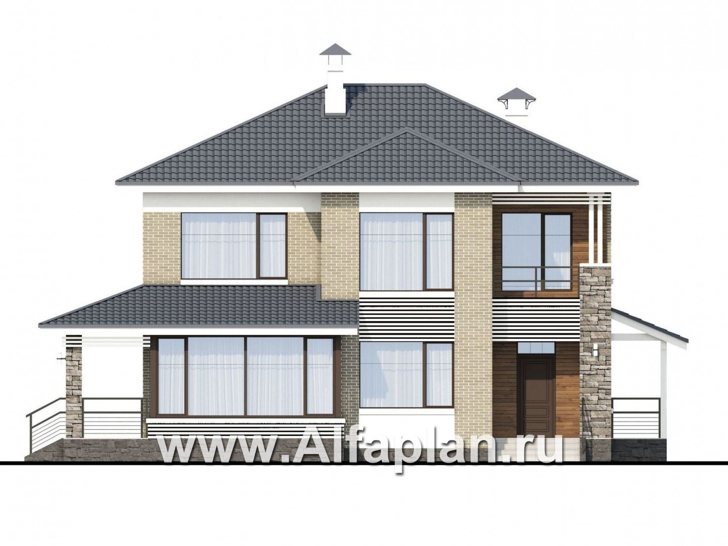 Проекты домов Альфаплан - «Летний вечер» - современный двухэтажный коттедж с верандой - изображение фасада №1