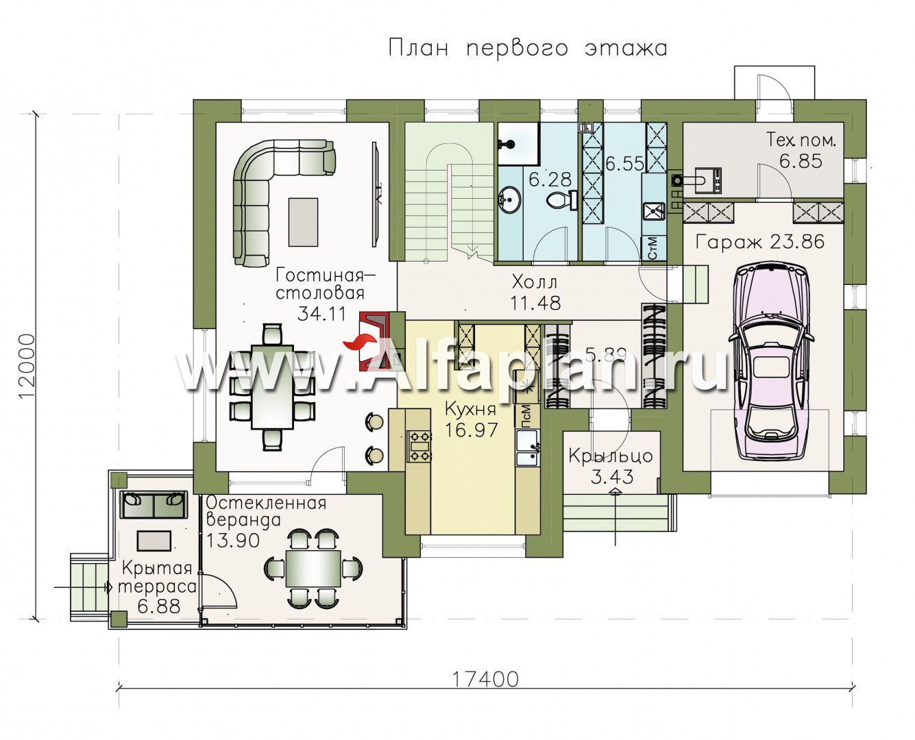 Проекты домов Альфаплан - «Летний вечер» - современный двухэтажный коттедж с гаражом и верандой - план проекта №1