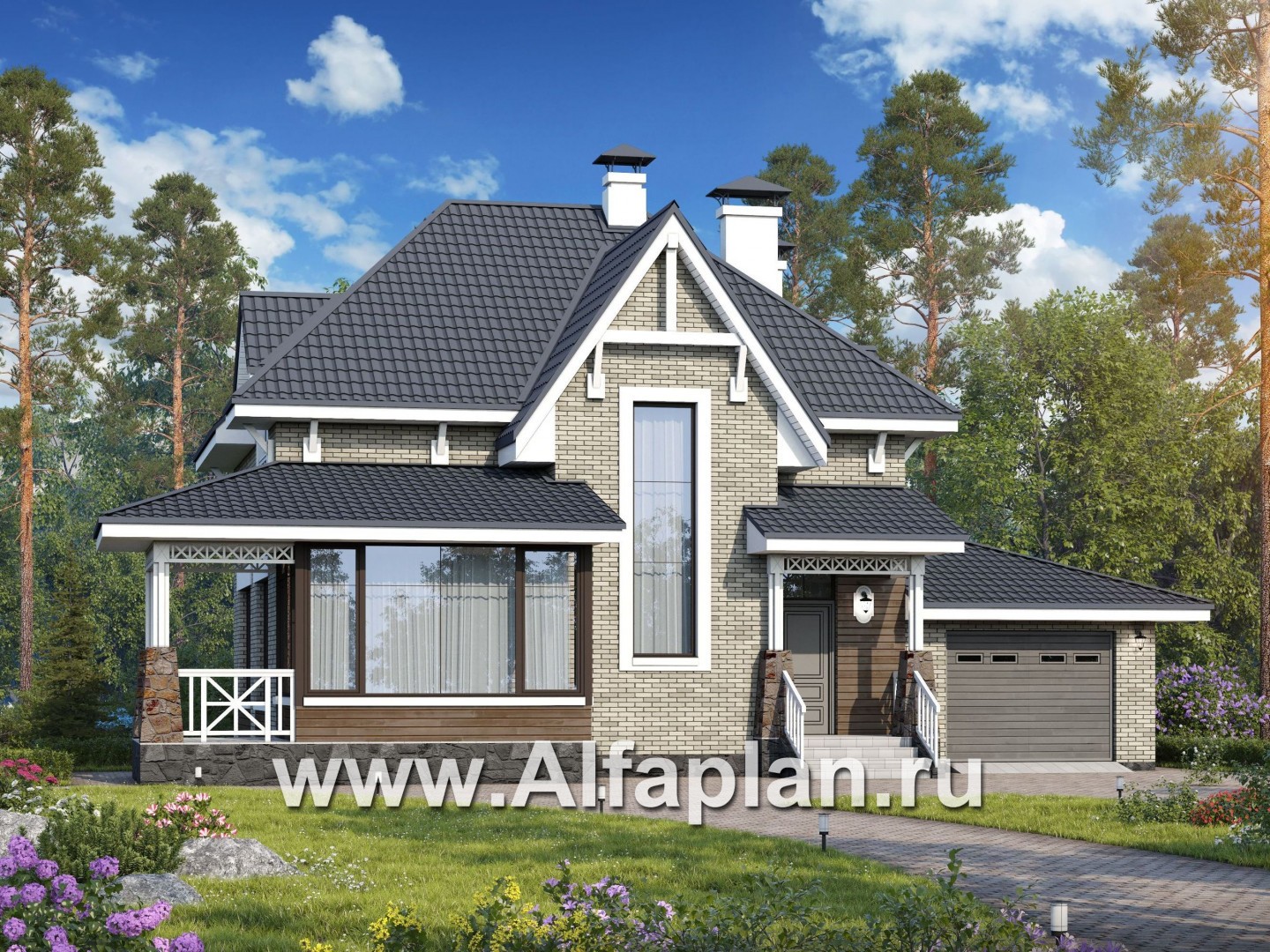 Проекты домов Альфаплан - «Медея» - компактный дом с верандой на главном фасаде - основное изображение