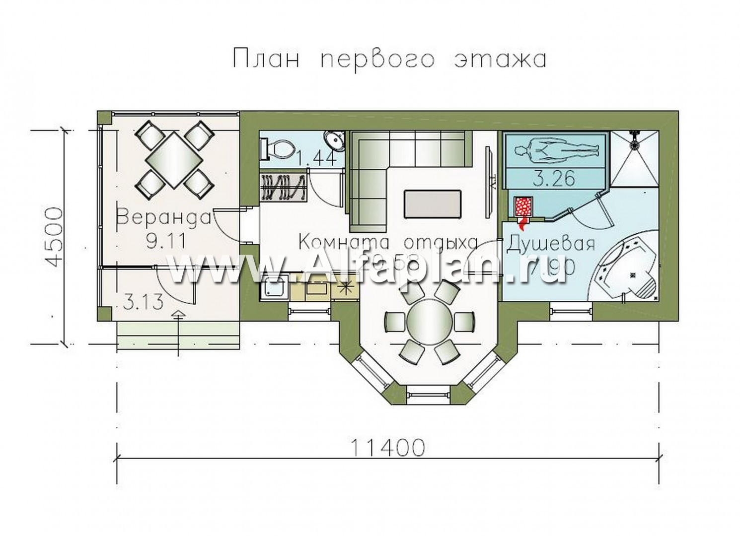 Проекты домов Альфаплан - Удобная современная баня с верандой - план проекта №1