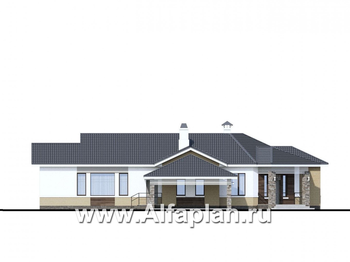 Проекты домов Альфаплан - «Альтер Эго» - эксклюзивный одноэтажный кирпичный дом - изображение фасада №1
