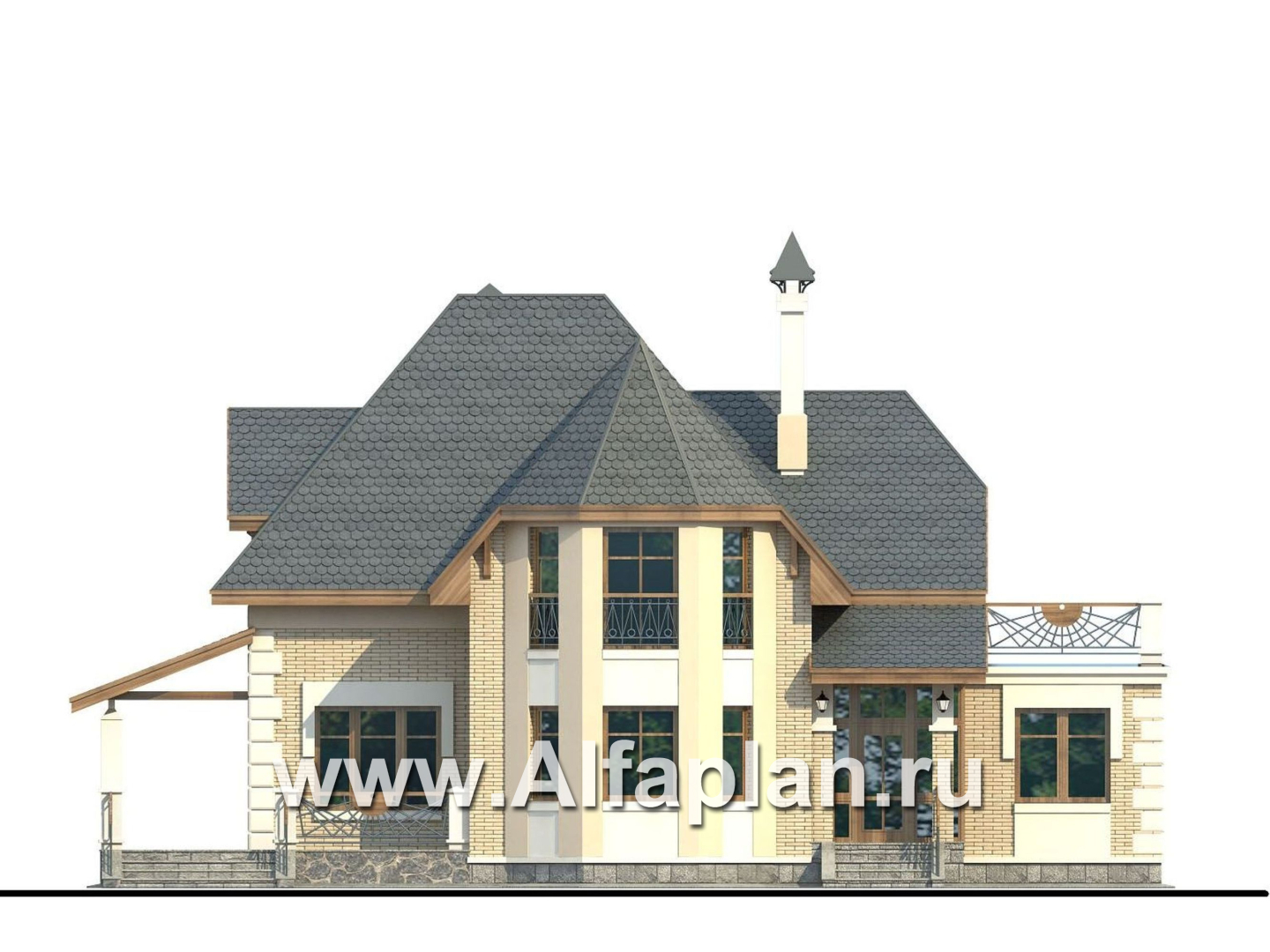 Проекты домов Альфаплан - «Шереметьев» - проект дома с большой открытой террасой - изображение фасада №1