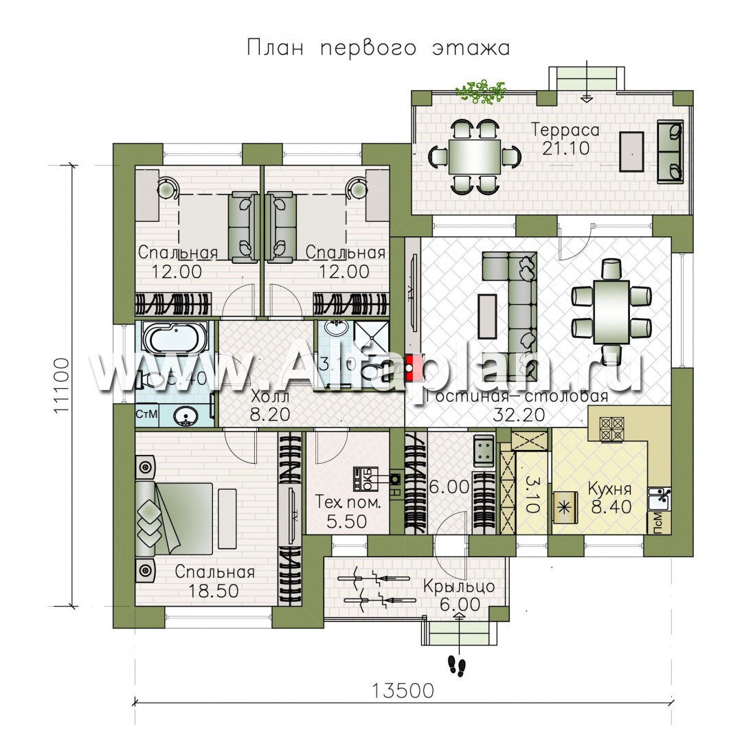 Проекты домов Альфаплан - «Бенуа» - стильный коттедж с плоской кровлей - план проекта №1