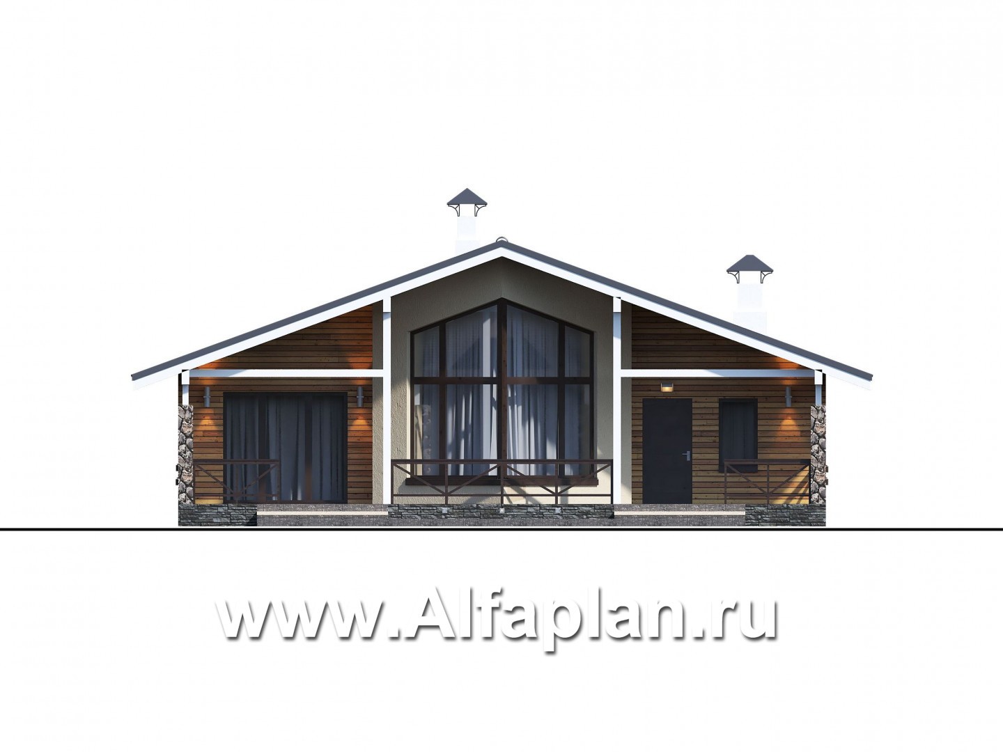 Проекты домов Альфаплан - «Вектор Плюс» - одноэтажный дом с тремя спальнями, террасой и сауной - изображение фасада №1