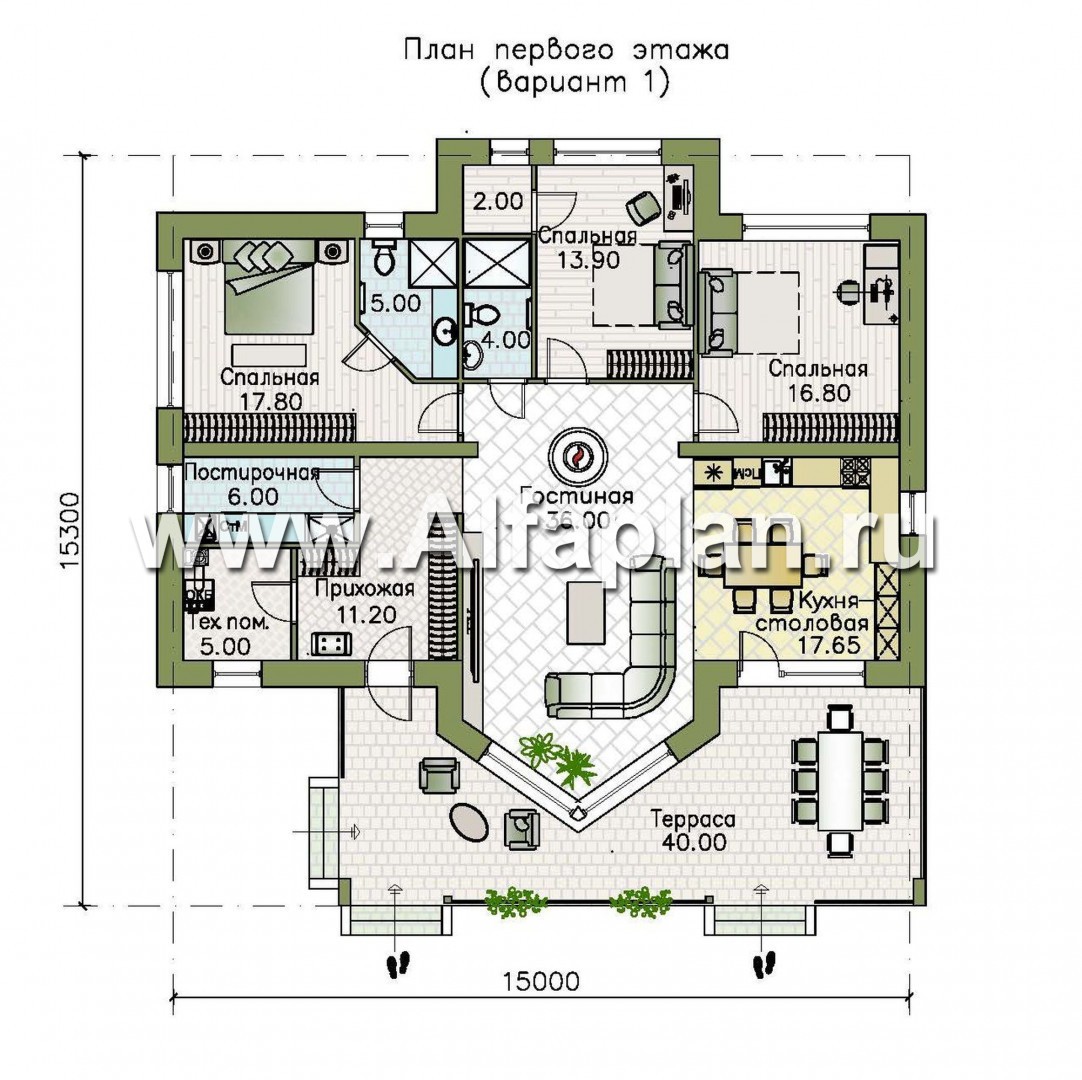 Проекты домов Альфаплан - «Вектор» - одноэтажный дом с большим остеклением гостиной - план проекта №1
