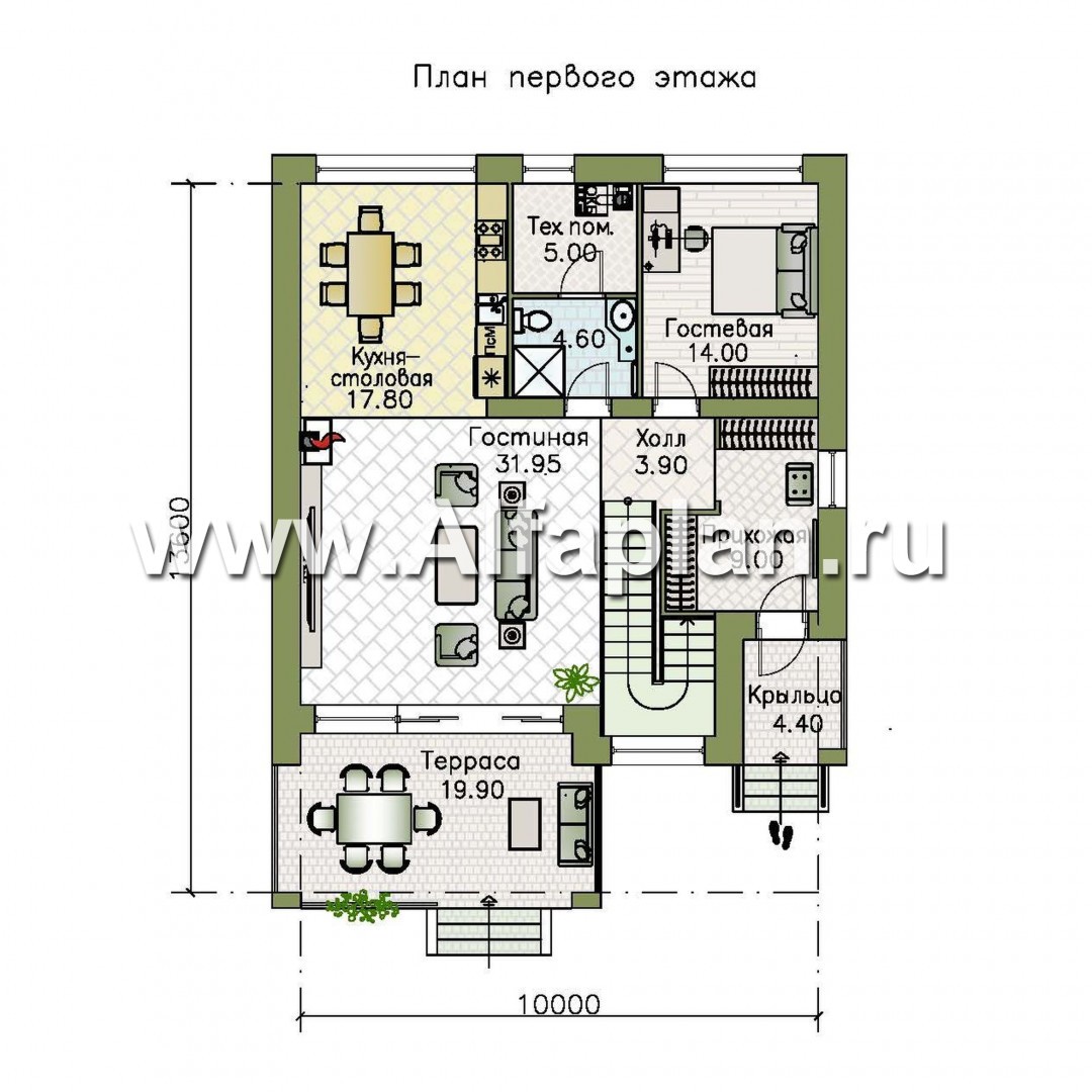 Проекты домов Альфаплан - «Эрго» - проект двухэтажного дома с плоской кровлей 10х10м - план проекта №1